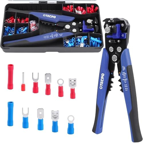 TECPO Automatische Abisolierzange mit Kabelschuhe 199-teilig Crimpzange Drahtschneider Multitool zum Abisolieren Schneiden und Crimpen für Kabeldurchmesser von 0.2-6 mm² 10-24 AWG