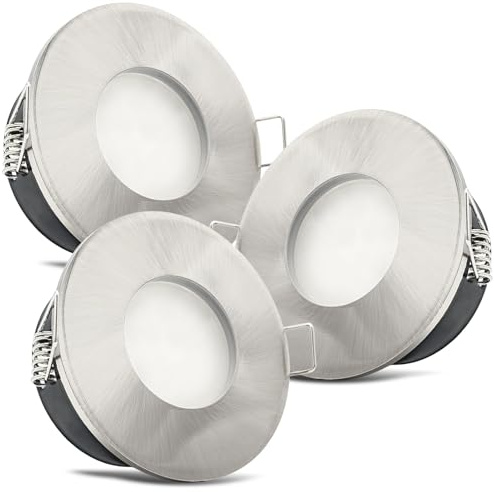 trendlights24 V2 IP65 LED Bad Einbaustrahler flach 5W dimmbar 230V 3er Set | Edelstahl Optik gebürstet, rund, Einbautiefe 35 mm, Kaltweiß, 6500k, Decken Einbauspots, Feuchtraum, außen