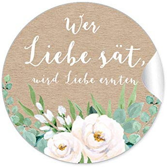72 STICKER Wer Liebe sät, wird Liebe ernten Etiketten als Gastgeschenk BOHO KRAFTPAPIER OPTIK BLÜTEN ROSEN GRÜN ZWEIGE WEIß NATUR Samen Tüten Reagenzgläser Blütensamen zur Hochzeit Geburtstag