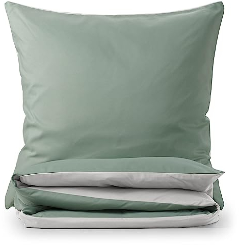 Blumtal Premium Extra Weiche Winter Bettwäsche Wendedesign 155x220 cm & 2x Kissenbezug 80x80 cm - Bettbezüge Mikrofaser, 3 teilig, Moonlight grey - Grau / Summer green - Grün