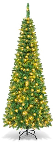 GOPLUS 135/200/225cm Weihnachtsbaum künstlich mit Beleuchtung, LED Tannenbaum künstlich, Weihnachtsbaum schmal mit PVC-Blättern, Christbaum Grün (mit warmweißer Beleuchtung, 200cm)