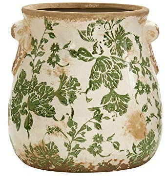 Nearly Natural 6.5in Ceramic Decorative Vase Tuscan Style Green Floral Scroll Design for Indoor Home Decor Centerpieces Tables Small Flower Vases