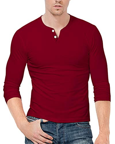 KUYIGO Uomo Slim Fit Manica Lunga Beefy Moda Casual Henley Magliette di Cotone Camicie XXL Vino Rosso