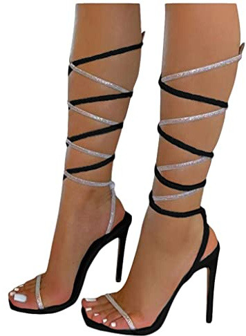 ORANDESIGNE Sandales Femmes Sexy Stiletto Bride de Cheville Talon Haut Aiguille Bout Carré Chaussures Soirée Mariée Haut Talon Sandals Partie Creux Élégant Été Open Toe High Heels A Noir 43 EU