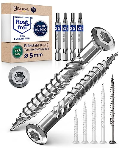 Viti per legno Ø5x80 mm testa bombata TX25 (Torx) – acciaio inox A2 V2A – anticorrosione per esterno – per decking e terrazze e legni duri, per uso professionale – 1000 pezzi – inclusi 4 bit Torx TX25