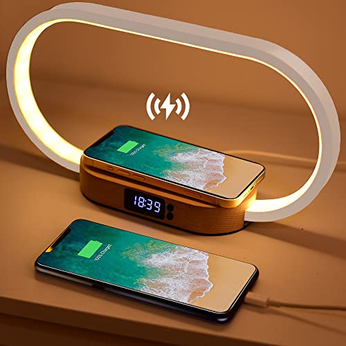 Donewin Nachttischlampe mit Uhr, USB-Anschluss, 10 W schnelles kabelloses Ladegerät, Touch-Tischlampen für Nachttisch, Schlafzimmer, Holzdekoration, stufenloses Dimmen und 3 Farbmodi