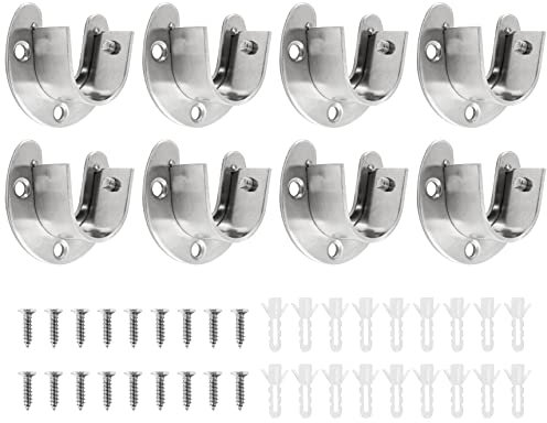 Moicstiy 8 Stück 3,8 cm Edelstahl-Schrankstangen-Ende, unterstützt robuste Kleiderschrankstangen-Endstange, Halterung, U-förmiger Flanschstangenhalter mit Schrauben (Silber)
