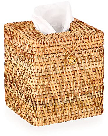 Sumnacon Funda Cuadrada para Caja de pañuelos de ratán con Tapa Superior con bisagras, Soporte de pañuelos de Mimbre para baño, Inodoro, Sala de Estar, Cocina, Oficina, Mesa, Escritorio, Color