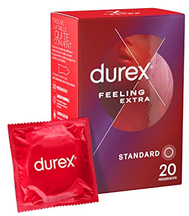 Durex Préservatifs Feeling Extra - 20 Préservatifs Fins et Extra Lubrifiés Pour Plus de Sensations - Taille Standard