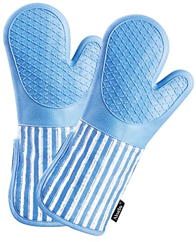 Alselo Silicone Oven Mitts Heat Resistant 932℉ with Waterproof & Non-Slip Kitchen Mittens, Set of 2 Extra Long Oven Gloves with Soft Cotton Terry Lining for Baking Cooking Barbecue (2, Blue Mitts)