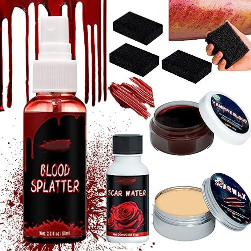 KARLOR Kunstblut 8 PCS Set, Wundeschorf Blutspray Spritzer Dickflüssig Schwamm Hautwach Schaber, Frisch Dunkel für Haut Gesicht Narbe Makeup Halloween Vampir Zombie Sfx Makeup Set
