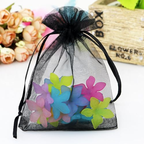 LTLSZRN 100 Stuck Organzasäckchen 9x12 cm, Geschenkbeutel Organzabeutel, Schmuckbeutel, Organza Säckchen mit Kordelzug, Säckchen Geschenk Schmuck Hochzeit Bonbonsbeutel für Hochzeiten Partys(Schwarz)