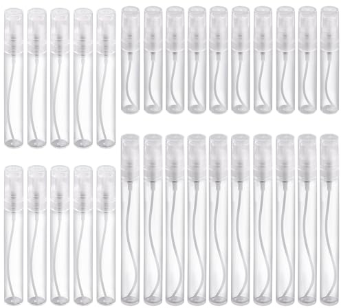 Swpeet 30 st genomskinlig plast tom mini resespray vätskor flaska med skyddskåpa påfyllningsbar för hand (5 ml, 8 ml, 10 ml), bärbara parfymbehållare resor atomiseringsflaska för prover, vatten,