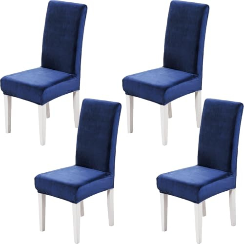 Xundefeng 4er Set Stretch Samt Stuhlhussen für Esszimmerstühle, Schutz Hussen für Stühle Schwingstühle, Dekoration Stuhlbezug für Haus, Küche, Hotel, Party - Marineblau