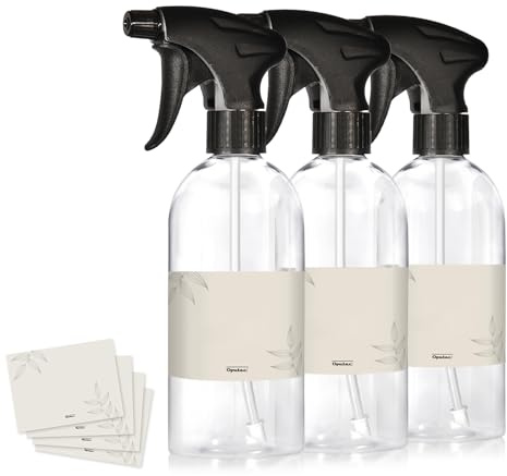 Oputec 3 x 500ml Sprühflaschen aus Kunststoff Transparent, zum Befüllen, mit ergonomischem Sprühkopf + Etiketten – Leere Wassersprühflaschen für Pflanzen, Blumen, Reinigungsmittel, Haarpflege und mehr