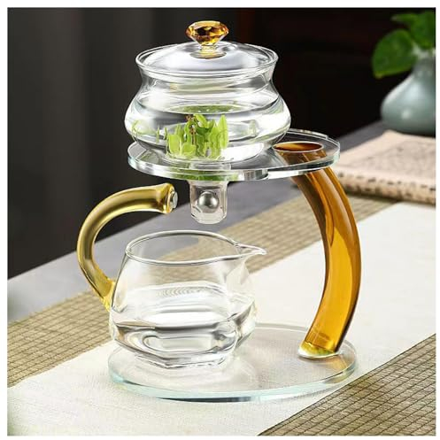 MYBAQ, Théière magnétique avec poignée dorée, service à thé en verre Kung Fu, service à thé semi-automatique, théière en verre, résistante aux hautes températures, théière magnétique Kung Fu pour la