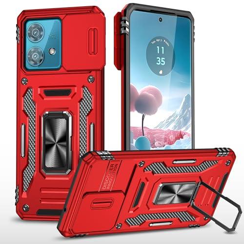 2NSPDRGNI Funda Compatible con Motorola Moto Edge 40 Neo,Carcasa Cubierta de cámara Deslizante Proteger Anillo Soporte Bumper Case Cover,Rojo
