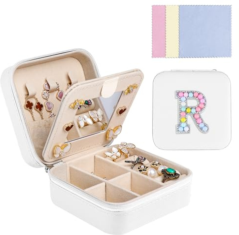 Ghope Schmuckkästchen Reise mit Spiegel, Klein Schmuck-Reiseetui mit initiale Schmuckkasten tragbar Schmuckschatulle Schmuckkoffer Schmucketui Jewelry Box für Damen Mädchen Geschenk