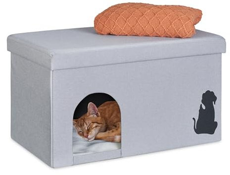 Relaxdays Grotte pour Chat, jusquà 100 kg, Banc Robuste, cachette, env. 40,5 x 72 x 40,5 cm, Pliable, avec Coussin, Gris