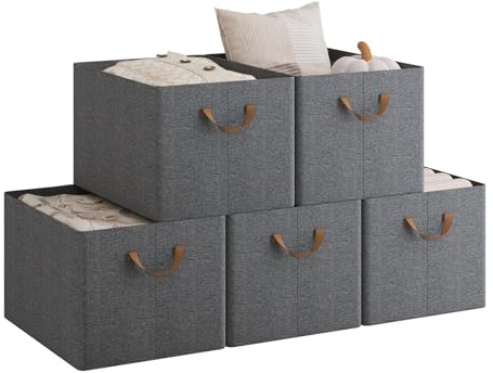 WOLTU Aufbewahrungsbox 5 Stück, mit Griffen, faltbar, Grau, 47x30x35 cm | aus Polyesterstoff, für Schlafzimmer, Arbeitszimmer, Wohnzimmer, für Kleidung Spielzeug, Organizer Box mit Griffen, faltbar,