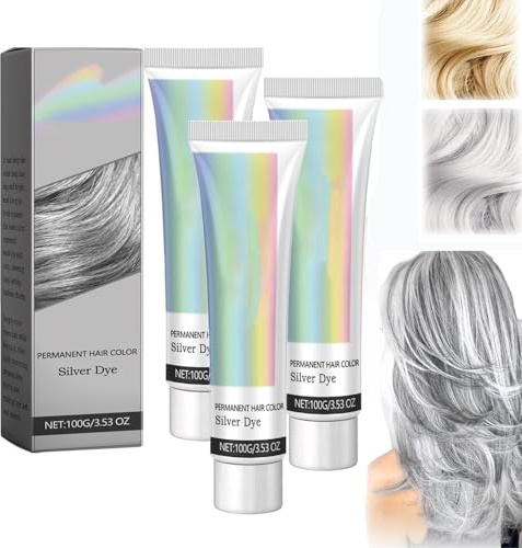 Silver Gray Natural Hair Dye Cream, 2 in 1 Natural Essence Extract Silver Hair Dye, Silver Metallic Hair Dye, Permanent Hair Dye, For Daily & Cosplayer & Party (3pcs)