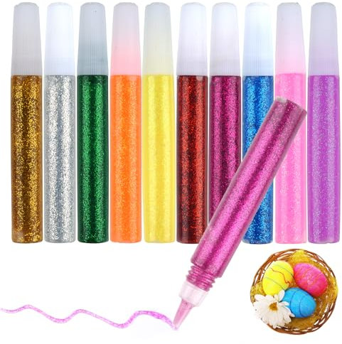 10 Stück Glitzerkleber, Bunt Glitter Glue Original, Glitzer Basteln, DIY-Kunst- und Handwerks Glitzerstifte in Tube mit feiner Dosierspitze für Dekorieren und Kreativen Gestalten