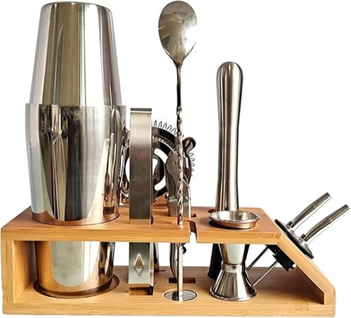 YFWOKSL Coctelera Coctelera Juegos de 10 Piezas Marco de bambú de Acero Inoxidable Boston Shaker Bartender Kit for Martini Margarita Mix Herramientas de Barra Profesional Coctelera for Barman