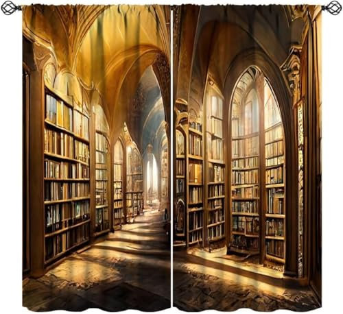 3D Vorhang Verdunkelung Bücher Bücherregal 140X160 cm (B + H) Thermo Gardinen Kinderzimmer Blickdichter Ösenschal Dekoschal Für Schlaf Wohnzimmer Schlafzimmer/Uv-Schutz, 2Er Set -247203868
