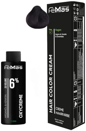 Femmas Set de tinte para el cabello castaño medio caoba 4,5 I Crema colorante 100 ml + crema de óxido 100 ml 6% I coloración permanente del cabello + desarrollador I Suave y duradero I Tinte de pelo