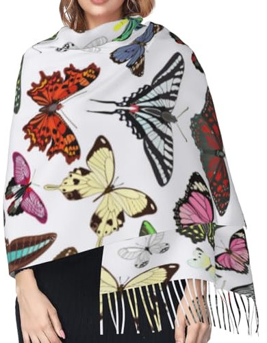 Hceaatb Damen-Schal, bunt, Schmetterling, modisch, Winter, warm, Kaschmirschal, Fransenschal, Schwarz , Einheitsgröße