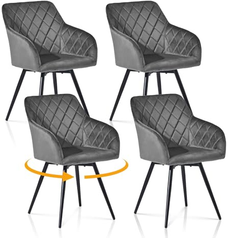 TUKAILAI Esszimmerstühle Drehbar 4er Set Samt, Grau | Drehstuhle Esszimmer, mit Armlehnen, Rückenlehne, Metallbeine,Küchenstuhle,für Wohnzimmer Küche Schlafzimmer
