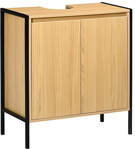 kleankin Meuble sous lavabo de Salle de Bain, Armoire sous Vasque avec Double Porte, piètement en métal, Bois, 60 x 30 x 62,5 cm, Noir et Couleur
