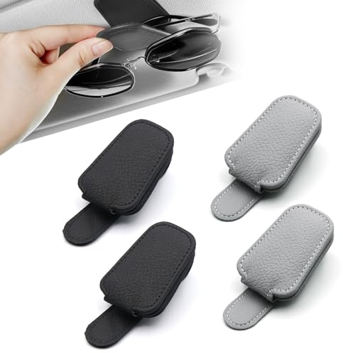 HUSOUE 4 Stück Brillenhalter für Auto, Leder Magnetischer Sonnenbrillenhalter Auto Visier Brillenhalter Sonnenbrillen Halter Ticket Karten Clip Auto Zubehör Innenraum (Schwarz und Grau)