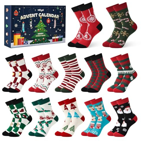 Moyel 12 pares Calendario Adviento Calcetines 39-42 Calendario Adviento 2025 Mujer Calendarios de Adviento Adultos Advent Calendar Regalos Originales para Mujer Navidad para Mamá Esposa Novia