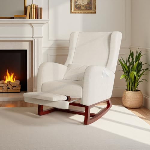 Yeutre Fauteuil a Bascule avec Repose Pied rétractable, Chaise à Bascule avec Coussin Lombaire et Poches Latérales, Fauteuil Allaitement Rocking Chair pour Salon, Chambre (Beige Lin)