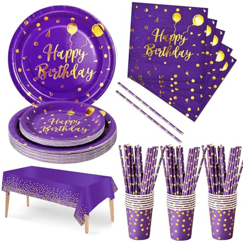 Nkaiso Party Tableware 121Pcs Purple Gold Happy Birthday Theme Kids Birthday Decoration Accessories Set Includes Paper Plates Napkins Cups, for Party Supplies-24 Guests