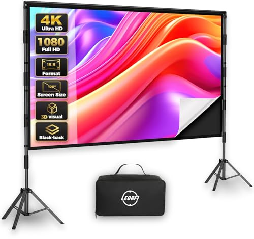 Outdoor Projector Screen with Stand: LEORFI 120 inch Black Backing Projection Screen Indoor - Upgraded Movie Screen 16:9 4K HD - Wrinkle-Free Lightweight Movie Screen with Carry Bag for Backyard Night