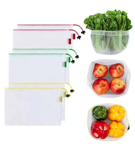 6 Stück Obst Gemüse Netztasche Netzbeutel mit Kordelzug Wiederverwendbar Obstsäcke 3 Größen Faltbare Mesh Bag Kartoffelnetz Netzsäcke für Nüsse Zwiebelsack Einkaufsnetz für Obst Gemüse Aufbewahrung