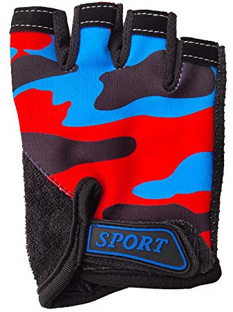 Guantes de ciclismo de medio dedo para niños talla M (5-9 años) – Spandex Extensible, mango antideslizante para ciclismo y patinaje (colores de camuflaje) (púrpura/azul)