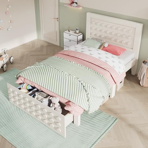 SCHGKOY Holzbett Einzelbett, Kinderbett Jugendbett mit Kreativem Block Design, Massivholz Bettgestell mit Lattenrost, mit Schubladen & Unterm Bett Stauraum(90x200 cm, Weiß)