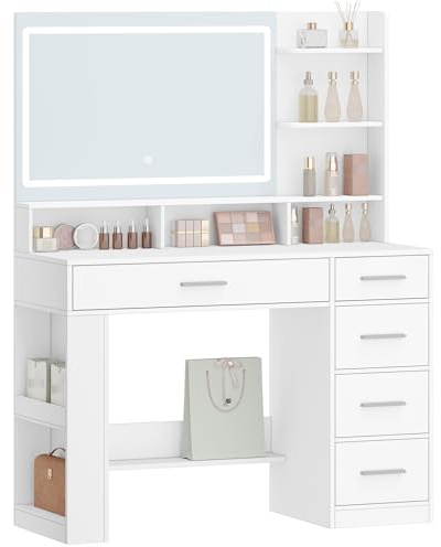 Hzuaneri Sminkbord med Stor HD-spegel, Sminkbord med LED-ljus, 6 Öppna Fack, 5 Lådor och Öppen Förvaring på Sidan, Omklädningsrum för Sovrum, Enkel, Vit DT44003XEU