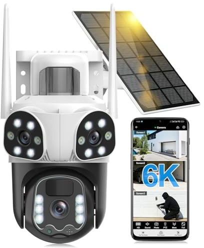 Abiso 6K Solar Security Camera Outdoor Wireless, 5GHz/2.4GHz WiFi 360° PTZ Cameras for Home Security with Triple-Lens, Auto Tracking, Motion Detection, Siren, Color Night Vision, 2-Way Audio, IP66