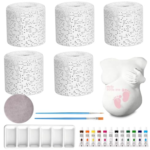 Gipsabdruck Babybauch Set, SGZIOO Babybauch Gipsabdruck Set mit 5 Rollen Gipsbinden, 12 Acrylfarben, Gipsbauch Gipsbinden zum Basteln, Geschenke für Schwangere, Erinnerungen und Souvenirs