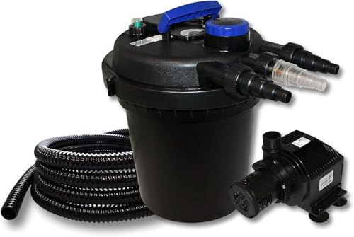 Wiltec Komplettset: CPF-180 Teichdruckfilter bis 6000 L mit 11 Watt UV-C Teichklärer, HJ-5000 ECO Teichpumpe 4000l/h 65W, 25m Teichschlauch 25 mm (1)