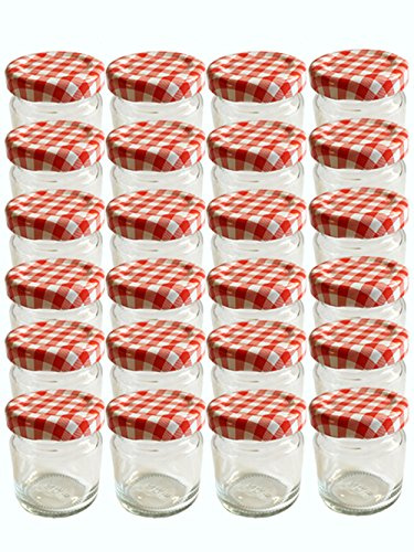 hocz 12er Set leere Rundgläser Mini Gläser 53 ml Deckelfarbe Rot Karriert To 43 (12 Etiketten 30mm Ø) zum Beschriften Bedrucken Haushaltsetiketten Einmachgläser Portionsgläser, Probiergläser, Imker