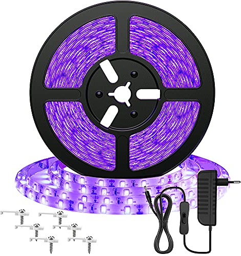 Onforu 5M UV Ruban LED, Bande LED Lumière Noire, 12 V 2835 Bandeau LED Lumière Violette, 300 LEDs Ultraviolet Eclairage Ambiance pour Halloween, Noël, DJ Soirée, Disco, Body Painting, Peinture Fluo