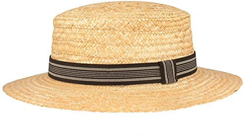 Breiter Kreissäge Strohhut Sommerhut Sonnenhut aus 100% Stroh mit schwarzem Ripsban Gondoliere-Hut Made in Italy 6 cm Krempe - Beige, Schwarz gestreift, L 58-59