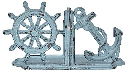 JUCONSIN Anchor Bookends, Antique Blue Nautical Ship Wheel and Anchor Decorative Bookends Set, Heavy Duty Cast Iron, Cute Bookends for Office Home Desk Bookrack Shelves