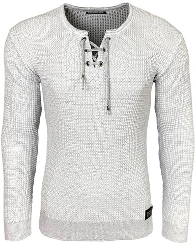 Subliminal Mode - Jersey de punto para hombre con cuello en V con cordones - Estilo básico - Corte ajustado - Jersey de punto de invierno de manga larga - Idea de regalo BX52132, blanco, L