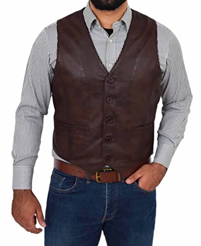 Mens Real Leather Waistcoat Classic Style Vest Nick (L, Brown)